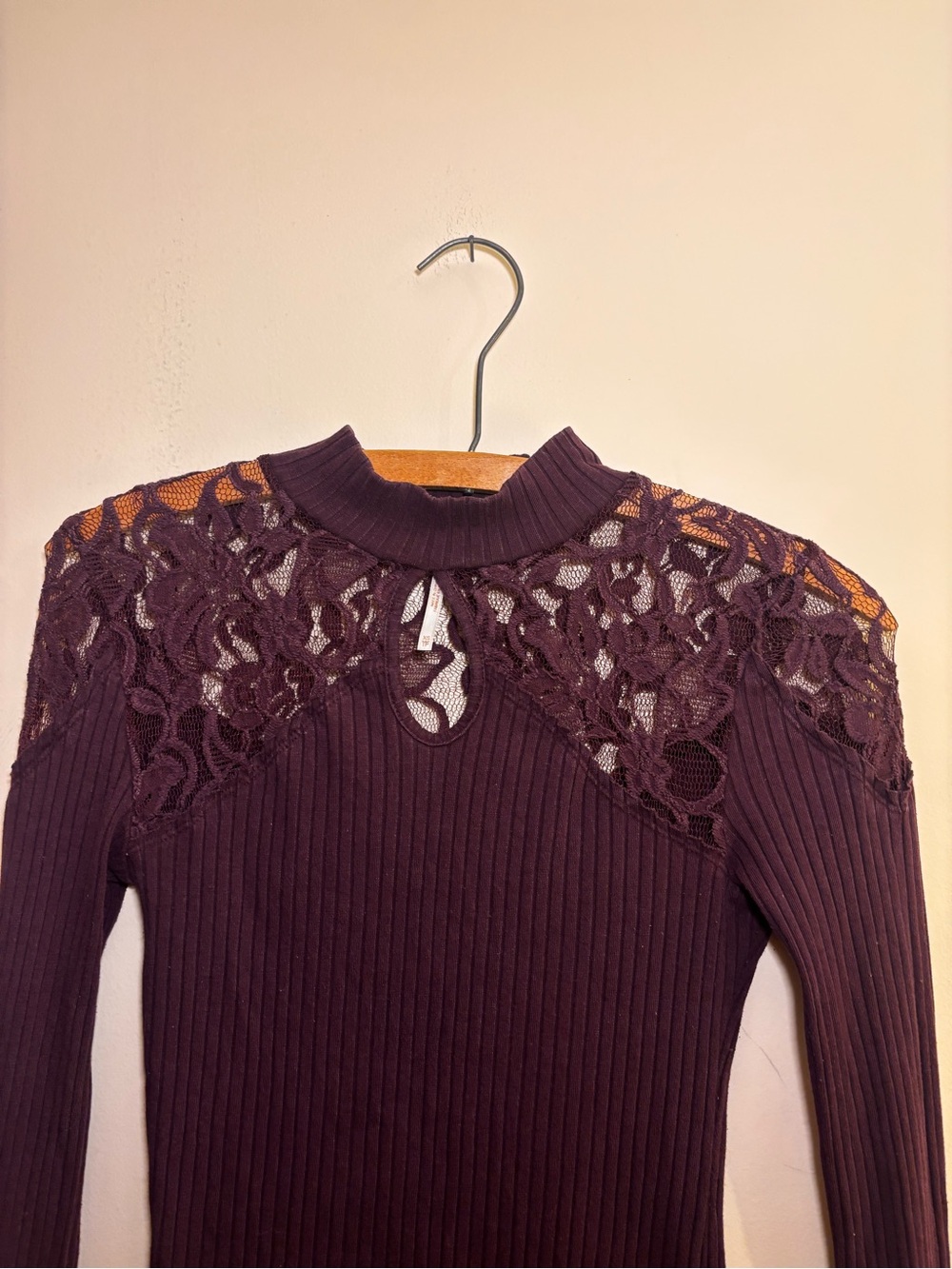Free People Plum Lace-Collar Yoke Ribbed Long Sleeve Top